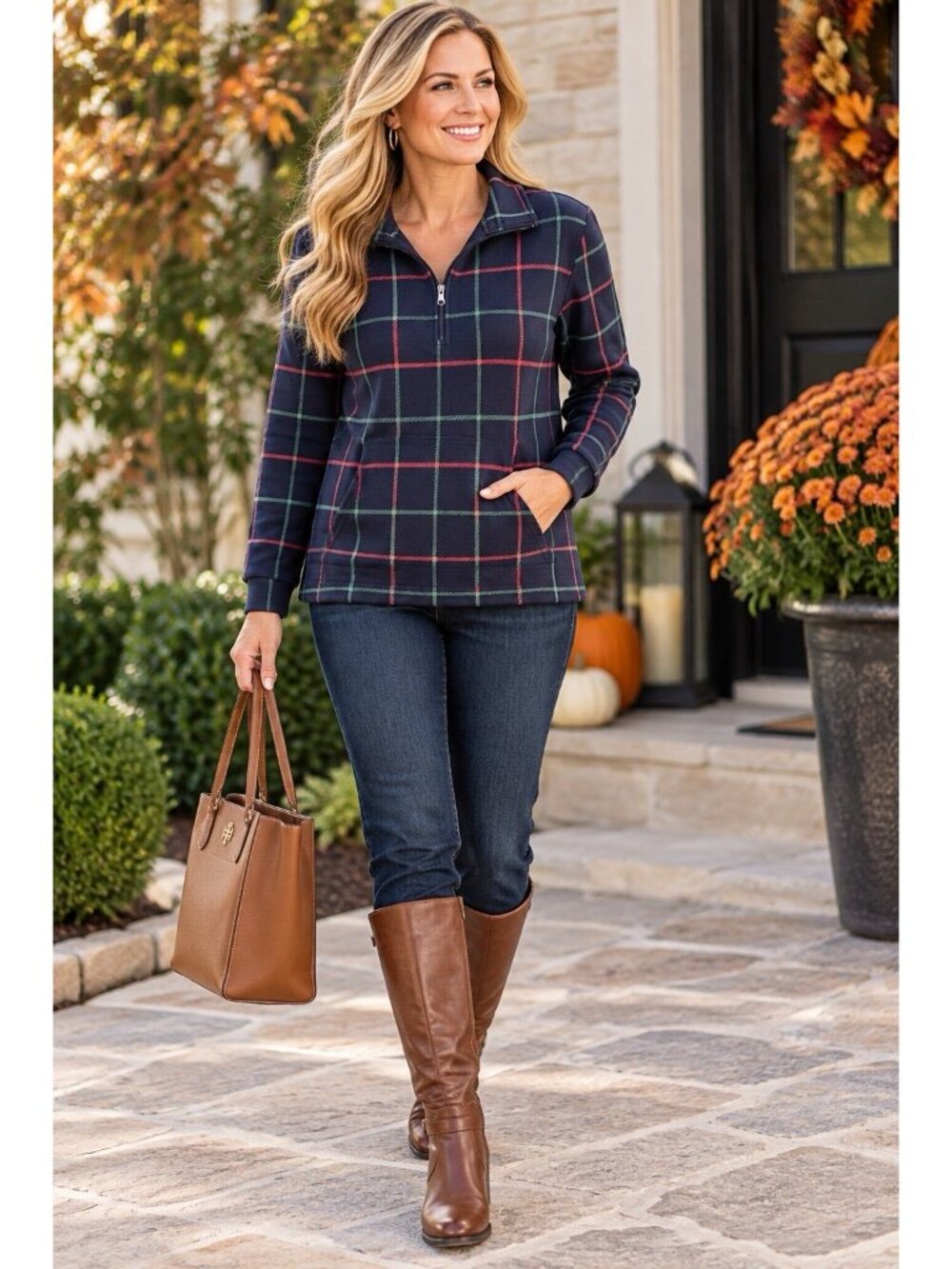 Talbots Navy Blue Windowpane Plaid Quarter Zip Long Sleeve Pullover Size 1X
